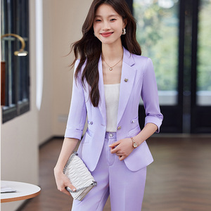 Women's Three Quarter Sleeve <b>Blazer</b> Suit <b>Set</b> Slim Fit Formal Spring Polyester Anti Wrinkle Notched Collar - Product Image 2