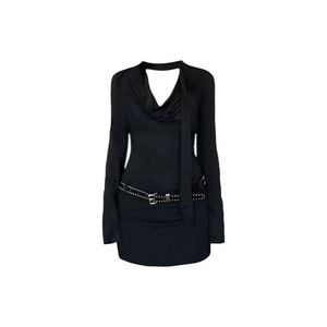 Halter Neck Long Sleeve Dress Black With Belt Sheath Silhouette Women's Autumn 2024 Sexy Slim Fit Waist Cinching Short Skirt - Product Image 5