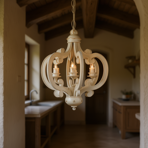 Lustre suspendu en bois à 6 lumières de style campagnard français, ovale blanc, chaîne réglable, éclairage pour cuisine, couloir, entrée - Product Image 2