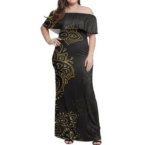 Women's Casual Bodycon Dress Bandana pattern Design Summer Short Sleeve Off The Shoulder Ruffled Evening Party Maxi Dress