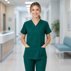 Combinaison de travail en coton pur à manches courtes vert foncé pour médecin, infirmière, blouse d'isolement - Product Image 3