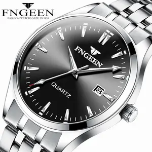 FNGEEN2111ウエスタンシルバーオスクォーツ時計ベストパワースチールストラップ防水カレンダー収納レジャー腕時計