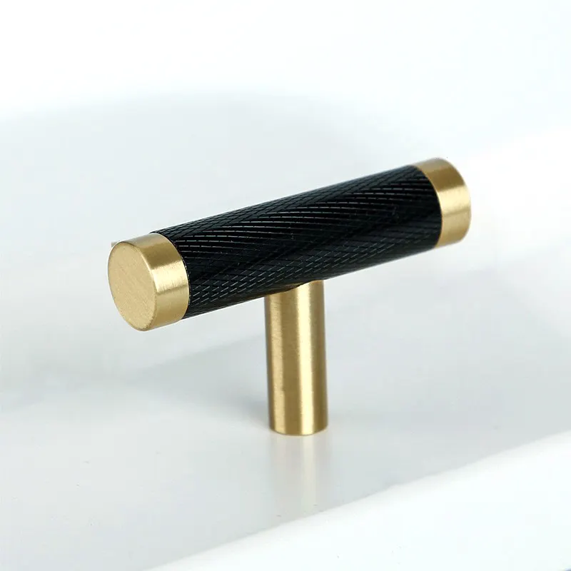 High-end minimalist luxury black gold solid brass drawer t bar handles and knobs for kitchen cabinet pull handle