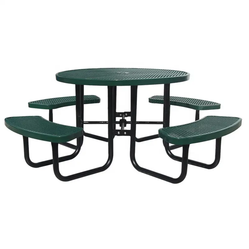 Outdoor Thermoplastic Steel Round Commercial Picnic Table Bench Restaurant Outside Furniture Metal Dining Table With Umbrella