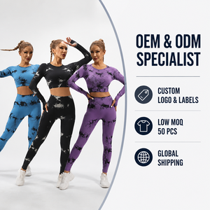 Ensemble de yoga personnalisé à manches longues, imprimé tie-dye, 2 pièces, haut court taille haute et pantalon long, en Spandex et Polyester, extensible dans les quatre sens, OEM - Product Image 1
