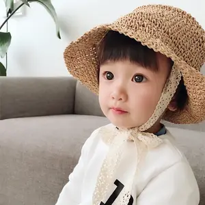 수제 여름 어린이 밀짚 모자 한국어 아기 크로 셰 뜨개질 썬 스크린 태양 모자 레이스 통기성 어린이 어부 모자