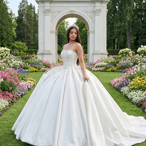 Robe de mariée haut de gamme Wx230 Royal Plus Size en satin doux, sans manches, épaules dénudées, avec appliques en dentelle et cristaux, coupe princesse - Product Image 1