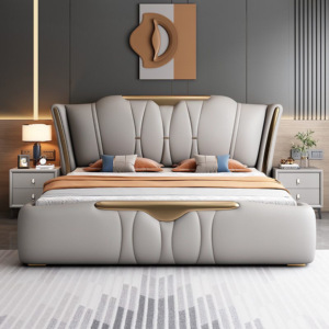 Letto Matrimoniale <span class=keywords><strong>King</strong></span>-<span class=keywords><strong>Size</strong></span> in Stile Lusso Italiano con Rivestimento in Pelle Morbida e Confortevole, Struttura in Legno di Pino con Contenitore, Livello E0 - Product Image 1