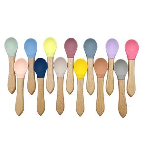 实心硅胶木柄餐具 婴儿训练喂食勺 儿童和幼儿儿童餐饮用品 - Product Image 6