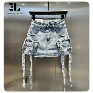 LARSUR-Mini <span class=keywords><strong>jupe</strong></span> en denim personnalisée pour femmes, ceinture délavée, motocyclette, courte, cargo, micro, mini <span class=keywords><strong>jupe</strong></span> en jean pour dames - Product Image 2