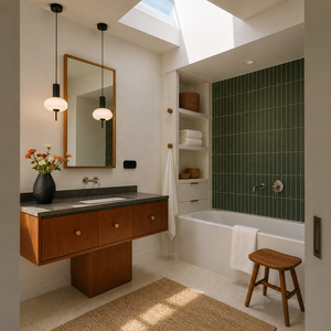 Mueble de <span class=keywords><strong>Baño</strong></span> Flotante de Madera de Nogal Estilo <span class=keywords><strong>Bauhaus</strong></span> Moderno de Mediados de Siglo, Personalizado, Montado en la Pared con Lavabo de Encimera de Piedra - Product Image 2