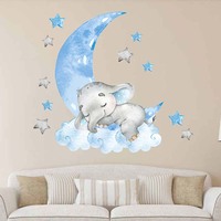 Autocollants muraux imprimés éléphant endormi et lune bleus et roses, peintures murales décoratives pour chambre d'enfant, décorations murales pour chambre d'enfant