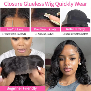 Offres du Black Friday : Perruques Lace Front Courtes Bob sans Colle, Cheveux Indiens Bruts Pré-Pluckés, Ondulés, Cheveux Humains Brésiliens pour Femmes - Product Image 5