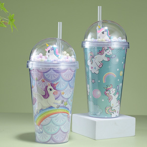 Unicorn Plastic Cup With Plush Toy Lid 500Ml Portable Cartoon Drinkware For Kids Party Use - Product Image 2