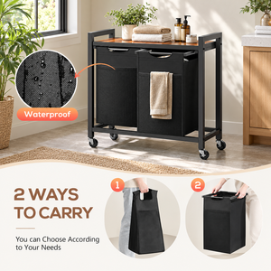 Panier à linge en bambou sur pied pour salle de bain, avec 2 sacs de tri amovibles et étagère supérieure, organisateur à double compartiment – Vente en gros - Product Image 2