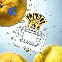 Flacon de parfum carré vide en verre transparent à fond épais de 30 ml, personnalisé OEM, avec couvercle en forme d'éventail doré de luxe