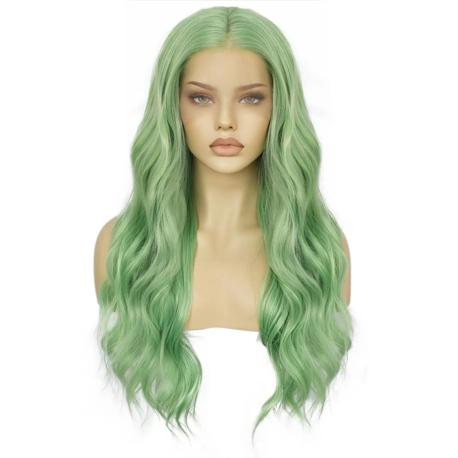 Anogol Wavy Wig Cheap Synthetic Lace Front green wig long natural curly hair for women