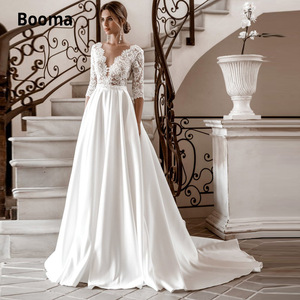 Booma Wedding Dress A-Line <b>Lace</b> Mid Sleeve High Neck Train Pure <b>White</b> Ivory - Product Image 1