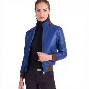 Veste en cuir véritable bleu pour femme, col montant, en peau de mouton, ourlet côtelé marron, style motard/bomber, personnalisée, chaude pour l'automne et l'hiver - Product Image 1
