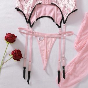 Nouvel ensemble de lingerie sexy pour femme : corset push-up en satin rose à pois sans bretelles, <span class=keywords><strong>porte</strong></span>-jarretelles <span class=keywords><strong>et</strong></span> bas transparents - Product Image 6
