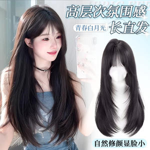 วิกผมยาวตรงธรรมชาติพร้อมหน้าม้าปัดข้าง 60 ซม. สีน้ำตาลดำ เส้นใยคาเนคาลอน ลวดทนความร้อนสูง ลูกไม้โปร่งใส - Product Image 2