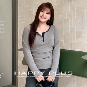 Happy Plus Solid Color Long Sleeve T-Shirt Navy Blue Gray Medium Thickness With Label Plus Size Women's Top - Product Image 4