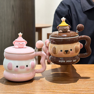 แก้วเซรามิคลายการ์ตูนน่ารักพร้อมฝาและช้อน ลายสุนัขสีเหลือง เหมาะสำหรับใช้ในบ้าน สำนักงาน หรือเป็นของขวัญ - Product Image 2
