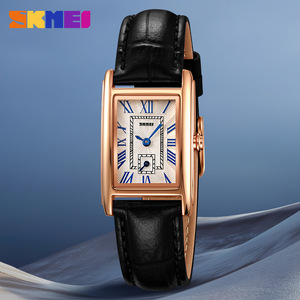 Skmei Women's Square Quartz Watch Leather Strap Rose Gold Case Roman Numerals Date Display Analog 8.8mm Thin Fashion Elegant - Product Image 1