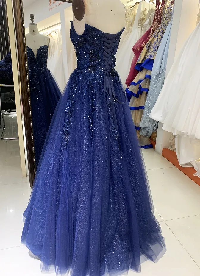 2025 new navy shiny tulle A line sleeveless lace up back elegant prom dress ball gown