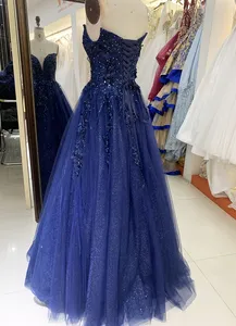 2025 New Navy Shiny Tulle A Line Sleeveless Lace Up Back Elegant Prom Dress Ball Gown