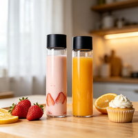 Bouteille en verre personnalisée pour jus, eau ou boisson, cylindrique, avec couvercle noir, disponible en 250ml, 300ml, 350ml, 400ml, 450ml, 500ml