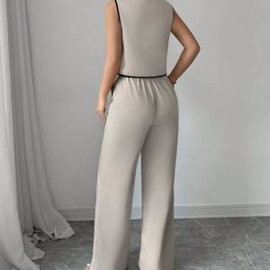 Conjunto de Verano Boho Chic para Mujer, Talla Europea/Americana, Top sin Mangas con Detalle de Lazo, Pantalones Anchos de Cintura Alta, Tejido - Product Image 3