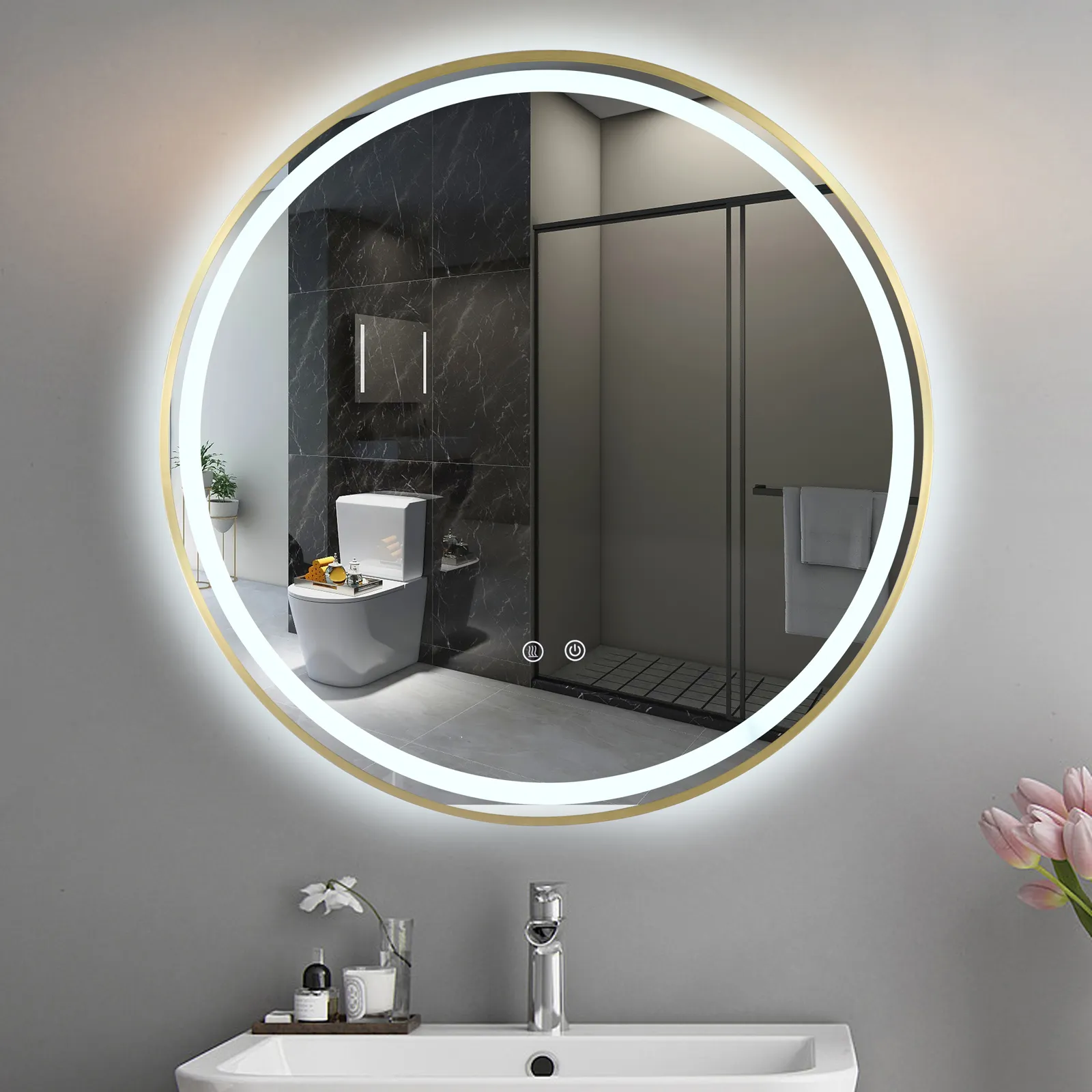 공장 공급 벽걸이 HD 메이크업 거울 3 색 조정 LED 백라이트 라운드 스마트 욕실 거울