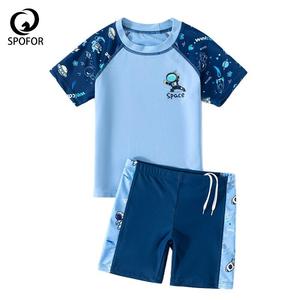 SPOFOR Blue Color Raglan Sleeve Design Short Sleeve Top and Shorts <strong>Boy</strong> <strong>Swim</strong> Wear <strong>Set</strong> - Product Image 1