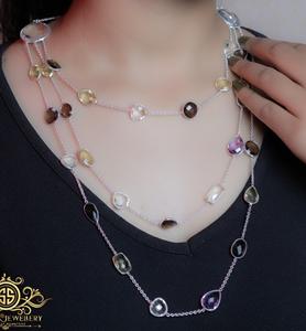 สร้อยคอสามชั้นทำด้วยมือเงินสเตอร์ลิงพร้อมอัญมณีหลายเม็ดลูกแพร์กลมและสี่เหลี่ยมเครื่องประดับเงิน - Product Image 1