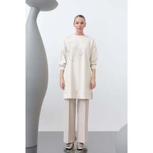 Women's <b>Tunic</b> with <b>Embroidered</b> Front and Trim Details - 10627TNK - SAND BEIGE-BEIGE - Product Image 3