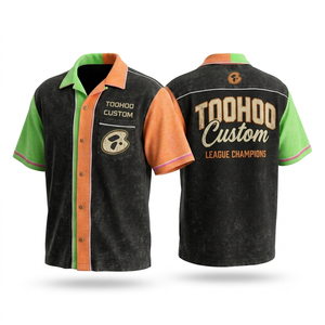 Custom Vintage Washed <b>Bowling</b> Shirt Green Orange Black Color Block Camp Collar Embroidered Patch Retro Streetwear Team Jersey - Product Image 1