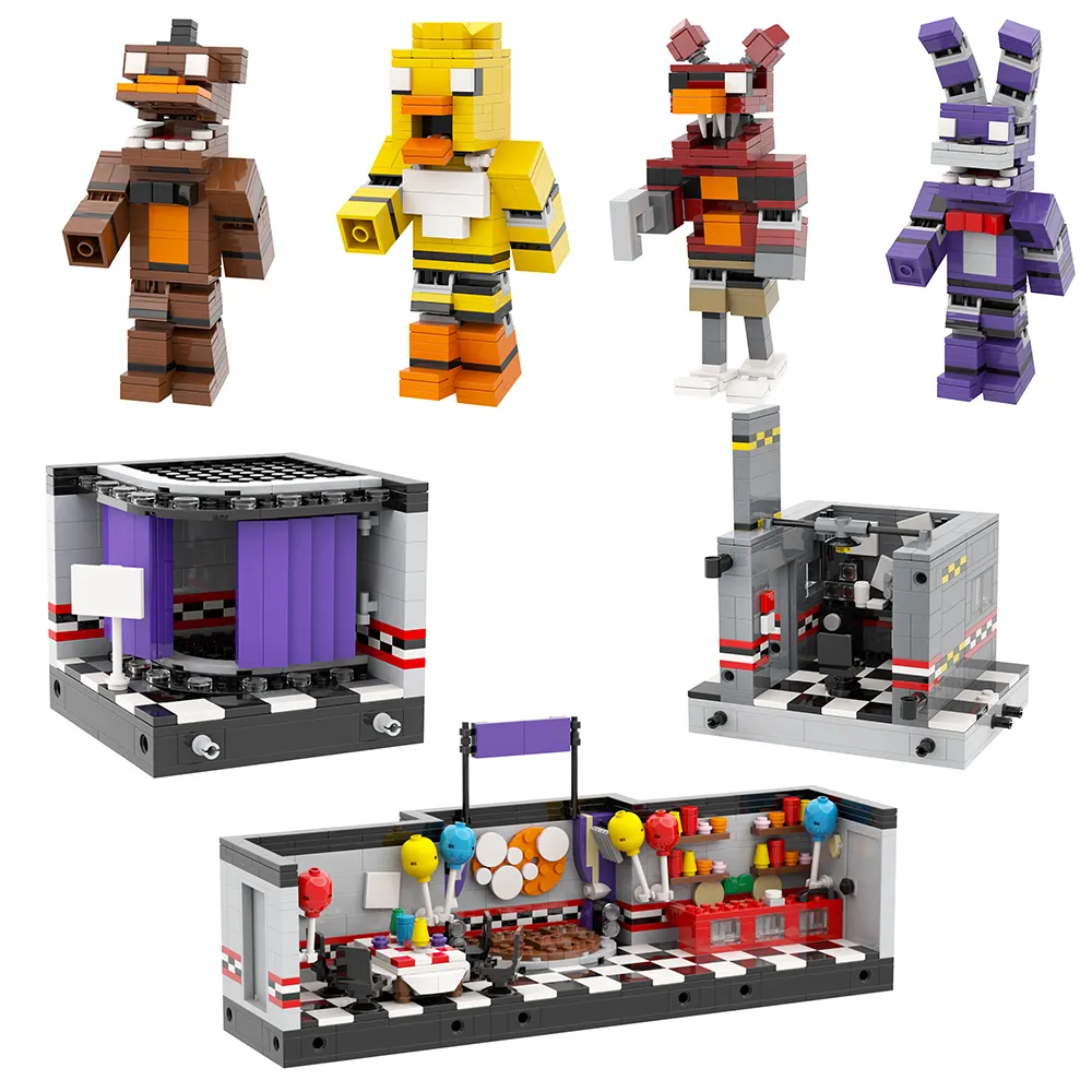 MOC1266-1269 Fnaf Vijf Nachten Bij Freddy Bonnie Foxy Chica Horrorspel Podium Kantoordecoratie Modelbouwstenen Kinderspeelgoed