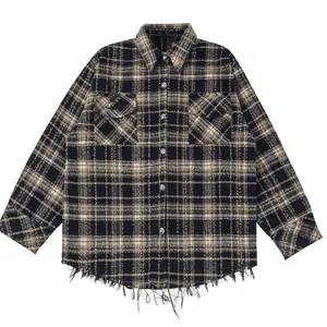 Customizable Raw Edge Long Sleeve Cotton Distressed Plaid Button Down Plaid Flannel Shirt Retro Men'S Shirts