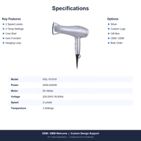 Sèche-cheveux ionique haute puissance 2400W, moteur DC, 2 vitesses, 3 températures, fonction air froid, concentrateur, diffuseur, OEM ODM