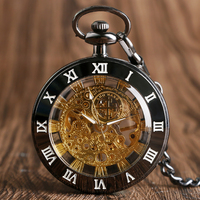 Montre de poche mécanique à remontage manuel, cadran ouvert, engrenages dorés, chiffres romains, boîtier noir, pendentif, cadeau pour homme