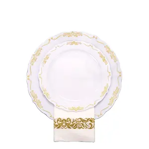 Placa de plástico resistente para jantar, caixa de plástico branca para casamento de 7.5 polegadas, de renda dourada 10.25 polegadas