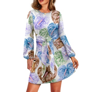 Custom-printed Hawaiian Taro Leaf Chiffon Waist-tie Long-sleeved Maxi <strong>Dress</strong> Women's A-line Casual Loose <strong>Ruffle</strong> Suitable <strong>All</strong> - Product Image 2