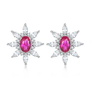 Fine Jewelry Sunflower Shaped Studs Fancy Colored Initial Ruby Gemstone Shiny Earring Studs 925 Silver