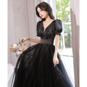 Women's Black Evening Gown V Neck Ball Gown Taffeta Fabric Natural Waistline Zipper Closure Elegant Long Dress For Banquets - Product Image 1
