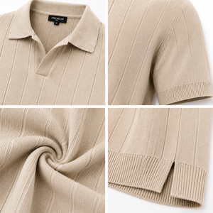 Fabricant OEM ODM, usine de production de chemises de style polo à col ouvert côtelé, à manches courtes, style Old Money, Johnny Collar. - Product Image 3
