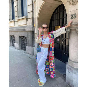 Otoño nuevo Retro hecho <span class=keywords><strong>a</strong></span> mano abuela patrón ganchillo hueco medio largo tejido cárdigan suéter de mujer - Product Image 1