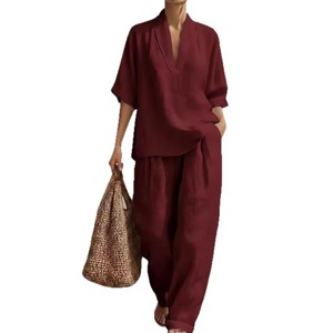 Dropshipping Shopify Plus Size Womens V Neck Short Sleeve Wide Leg Pants Casual Two <b>Piece</b> Tracksuit <b>Set</b> Summer - Product Image 1