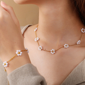 Floral <b>Bracelet</b> And Necklace <b>Set</b> Imitation Pearl Gold Plated Women's Jewelry Party Fashion - Product Image 4
