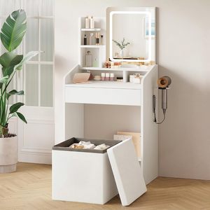 SENYU Small <b>Vanity</b> Set with <b>Lighted</b> Mirror & Power Station Modern White <b>Makeup</b> Desk with Storage Stool &Hair Dryer Rack - Product Image 2